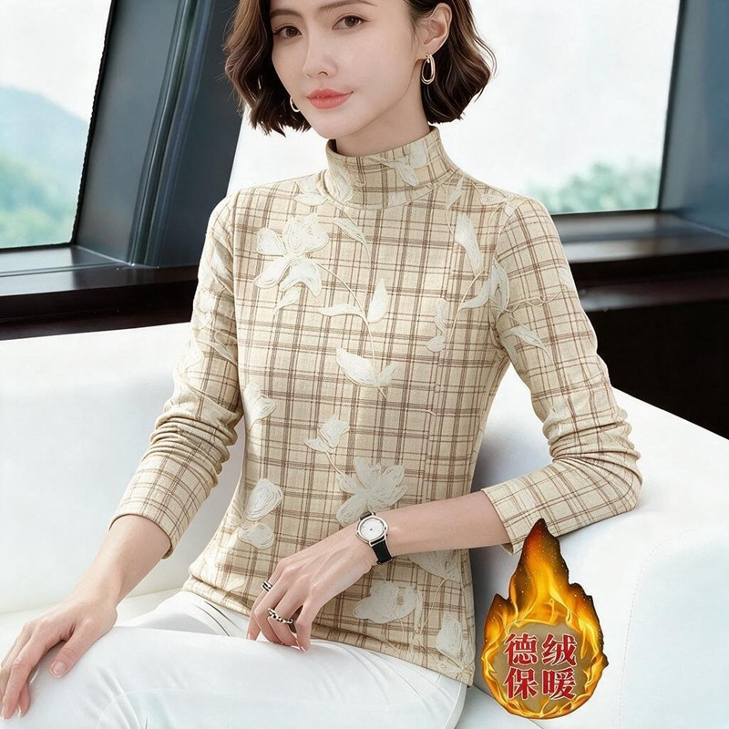 德绒半高领长袖t恤秋冬季薄绒款内搭中年妈妈装女士打底衫上衣