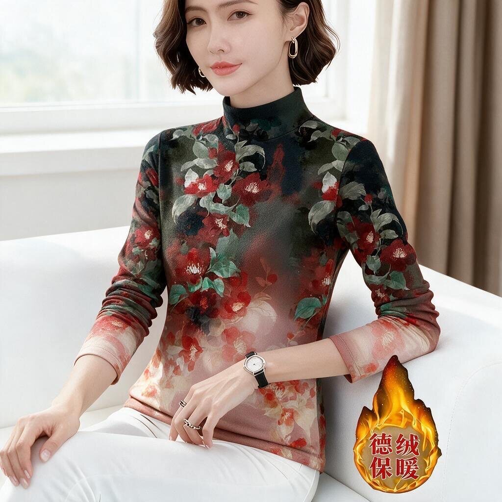上新~德绒半高领秋季薄绒款打底衫女长袖时尚印花百搭保暖上衣