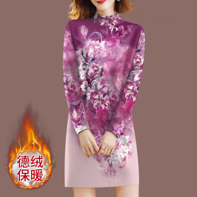 德绒保暖~中长款连衣裙女印花时尚宽松显瘦秋冬洋气半高领打底衫