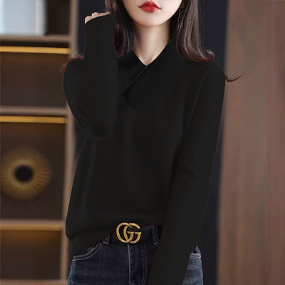 德绒保暖撞色长袖打底衫女秋冬款交叉领t恤宽松外穿上衣内搭纯色