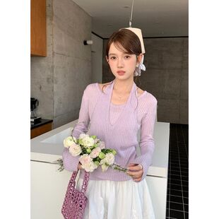衣尔衫 挂脖假两件氛围感韩系针织衫 女修身 上衣YE011 春日焦点