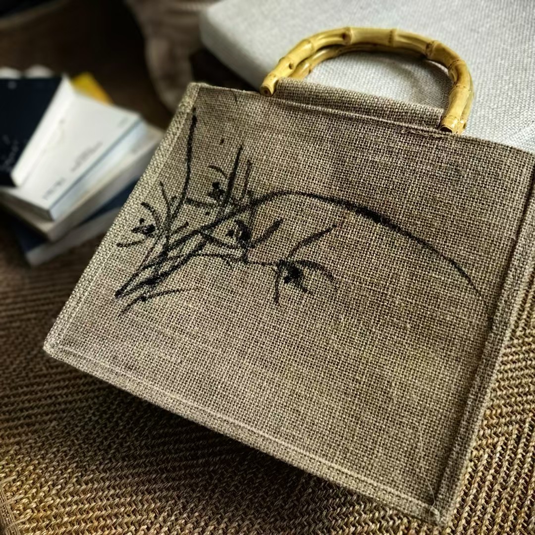 宋惠君老师手绘国画现货竹子兰草黄麻简易收叠购物亚麻手提袋文艺,个性定制/设计服务/DIY,手绘包,淘宝优惠券,粉丝福利购,淘宝优惠卷
