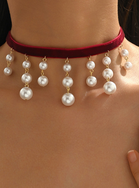 复古红丝绒布艺仿珍珠流苏窄项圈