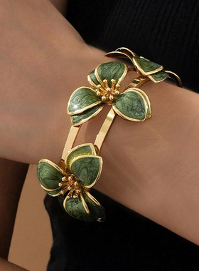 欧美跨境货源复古时尚花卉手环绿色花纹花朵造型手镯开口可调节女