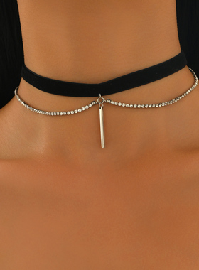 欧美黑色丝绒双层方形吊坠choker