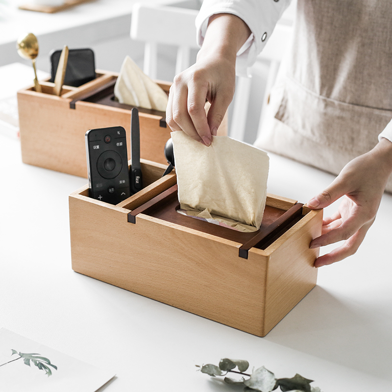 日式多功能实木纸巾盒收纳客厅桌面高端抽纸盒原木磁吸开盖榉木 收纳整理 纸巾盒 原图主图