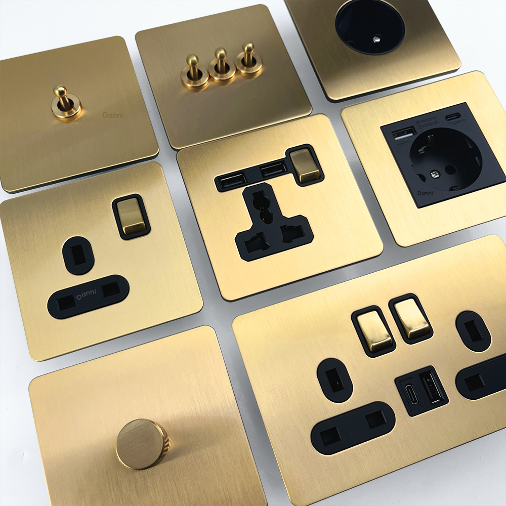 香港马来西亚金色欧式德式复古黄铜拨杆古董双开关插座面板金属