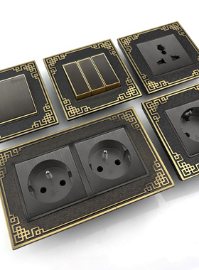 黑色复古全铜港澳通用多三孔带开关电源英规欧德式多三孔USB插座