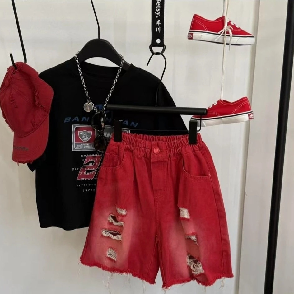 儿童男童套装夏季2026新款韩版T恤短袖破洞牛仔短裤时髦两件套潮1
