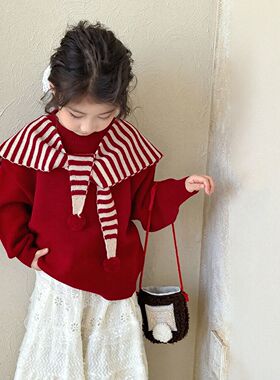 喜庆甜美红色软糯毛衣女童秋冬季别致漂亮儿童上衣条纹披肩针织衫