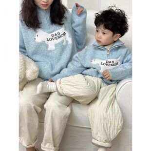 高品质亲子装韩版儿童秋冬新款潮毛衣休闲百搭外套厚重工刺绣拉链