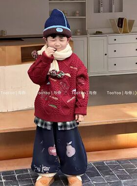 红色儿童毛衣26秋冬拜年童装新年冬装纱线圆领加厚麻花保暖针织衫