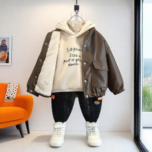 上衣 中小童加绒夹克男女宝冬款 男童冬装 加绒加厚皮衣外套2026新款