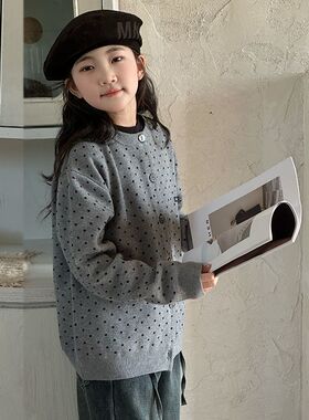 女大童毛衣外套秋冬2026新款波点毛衣开衫儿童装韩系灰色爆款加厚
