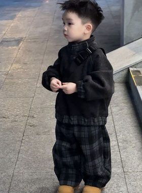 2026新款冬季加绒长袖韩版时尚男童两件套装深秋冬洋气酷帅炸街潮