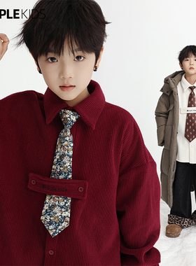 男童新中式红色外套男孩灯芯绒秋冬拜年服中大童加厚衬衫儿童上衣