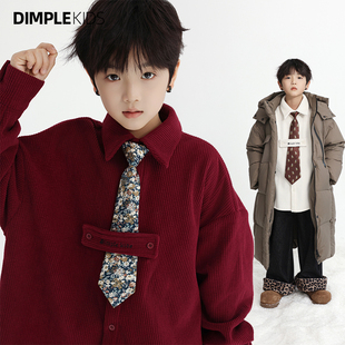 男童新中式红色外套男孩灯芯绒秋冬拜年服中大童加厚衬衫儿童上衣