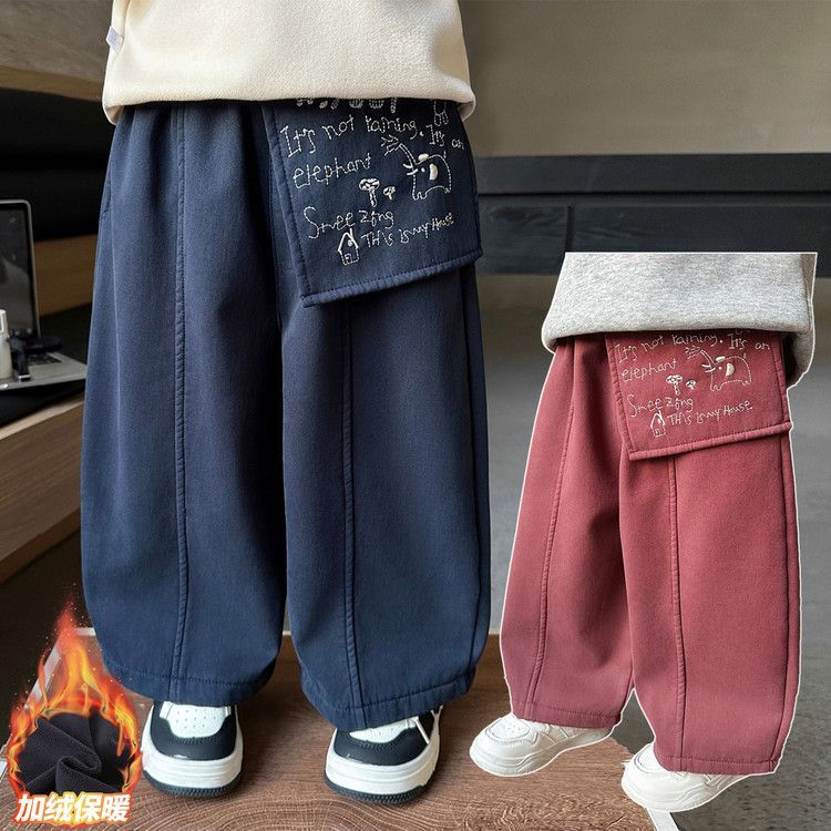 2025童装冬季加绒加厚裤子新款中小童男孩一体绒纯色休闲卫裤潮