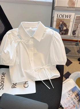 女童法式短袖衬衫夏季新款感小众白色上衣蝴蝶结泡泡设计短款镂空