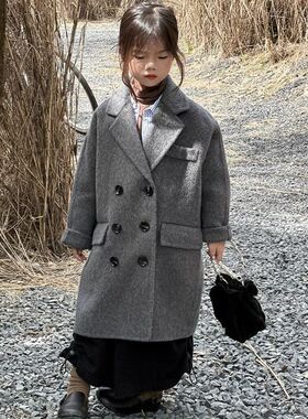 韩国童装2026秋冬新款呢大衣外套男女童高级感赫本风灰色毛呢外套