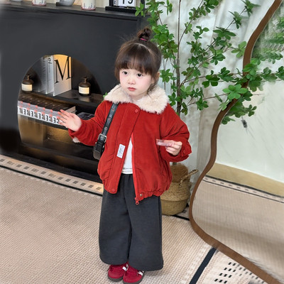 女童外套2026新款冬装儿童加厚毛绒翻领红色棉衣宝宝百搭保暖棉袄