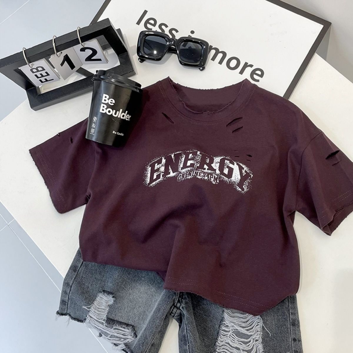 男童2026夏季新款韩版字母印花休闲简约宽松T恤破洞牛仔短裤套装