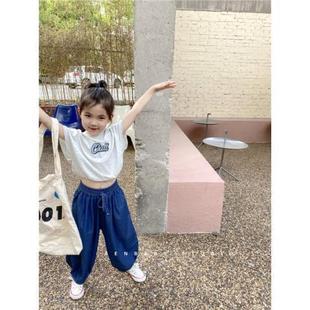 洋气防蚊裤 薄净蓝色宽松休闲哈伦老爹裤 子中大童夏装 女童软牛仔裤