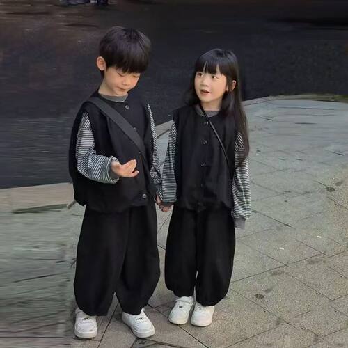 儿童秋季套装男女童韩版洋气新款兄妹马甲T 恤束脚裤两件套三件套