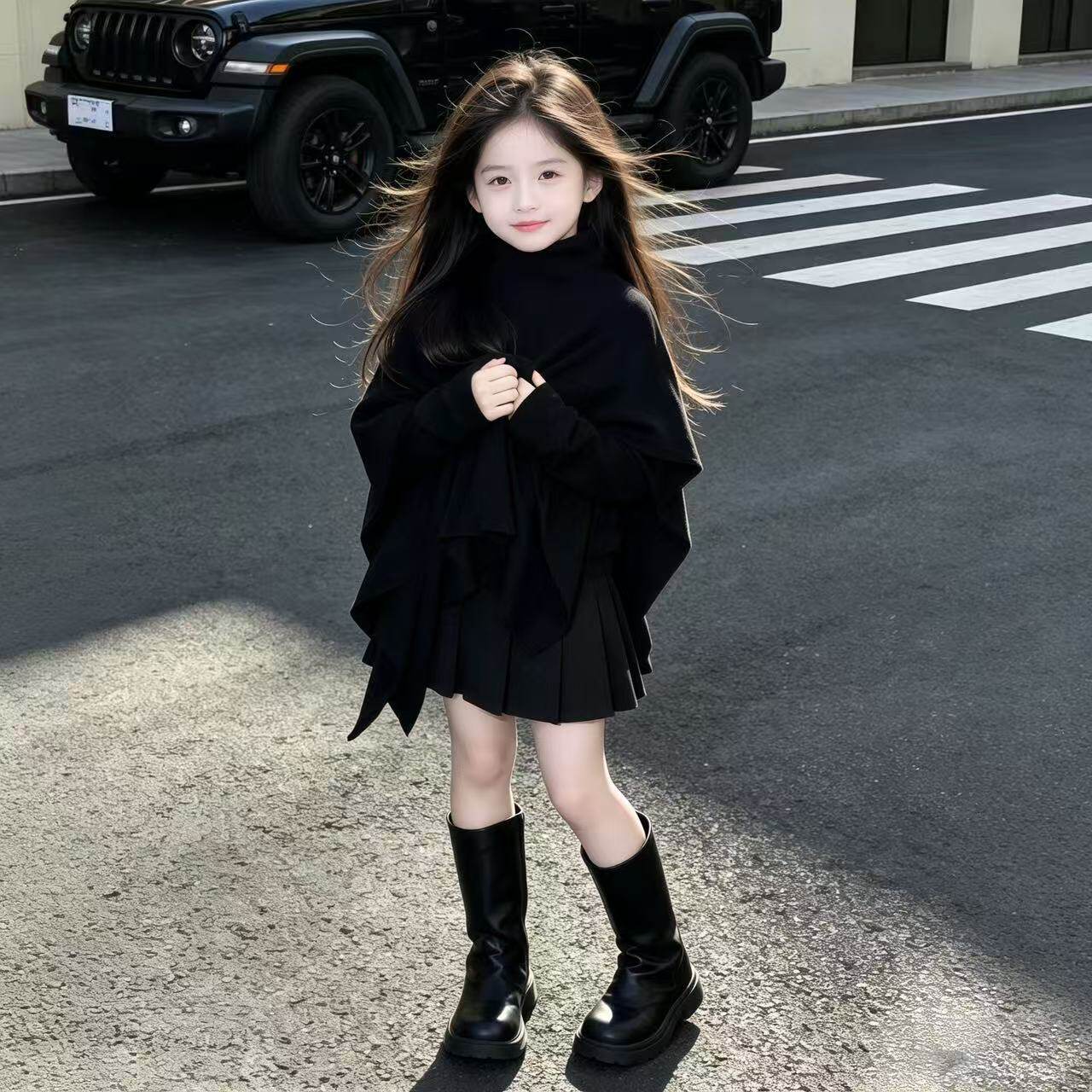 女童冬季韩系针织套装2026中大童洋气女孩斗篷打底衫百褶裙三件套