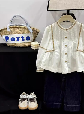 童装女童衬衫2026秋季新款儿童春秋洋气娃娃衫白色衬衣牛仔裤套装