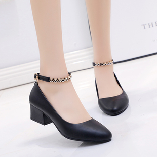 珍妮公主中跟软底女单鞋2020春秋季女士一字扣皮鞋低跟防滑工作鞋