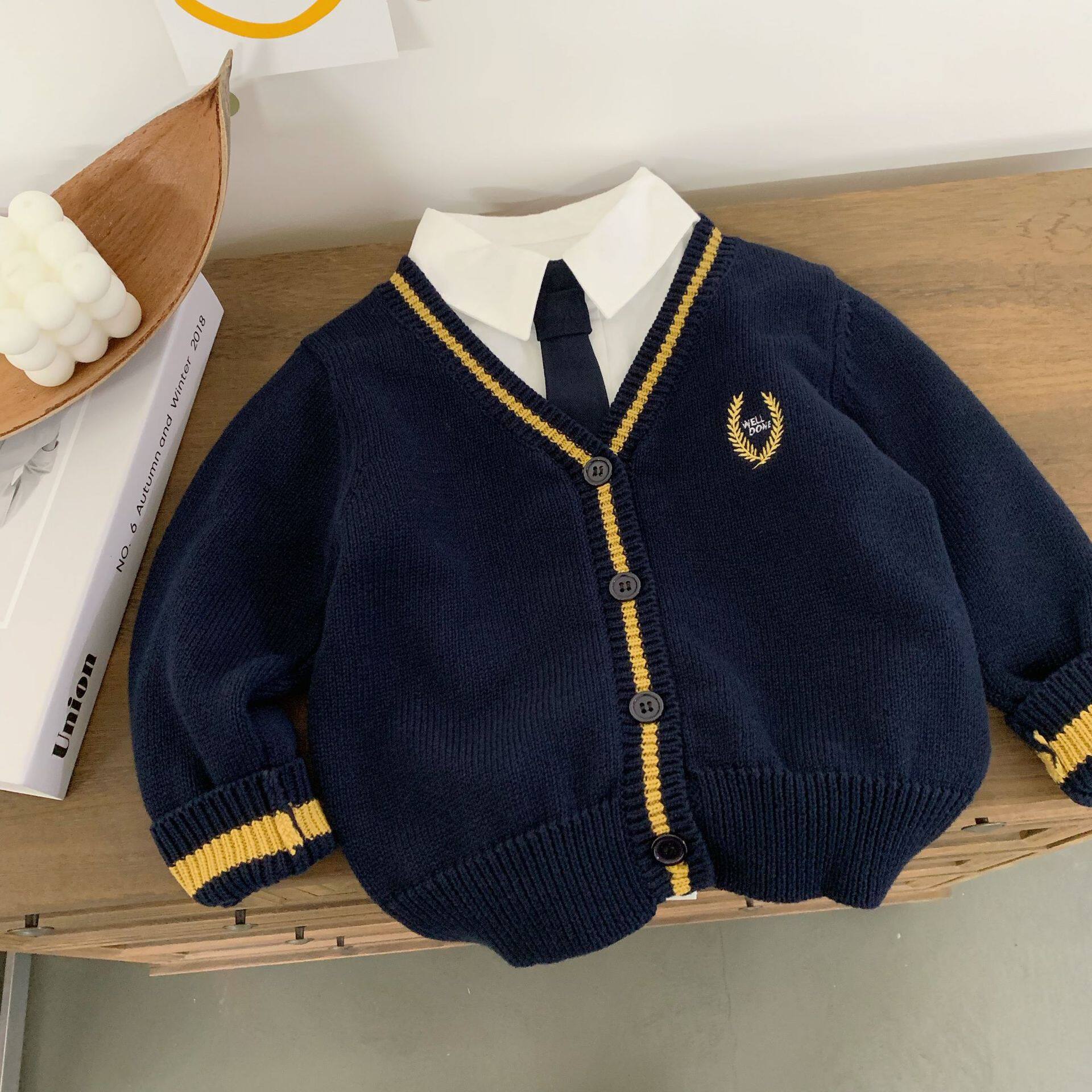 儿童纯色针织衫男宝宝秋季新款宝宝毛衣外套小童学院风开衫女韩版