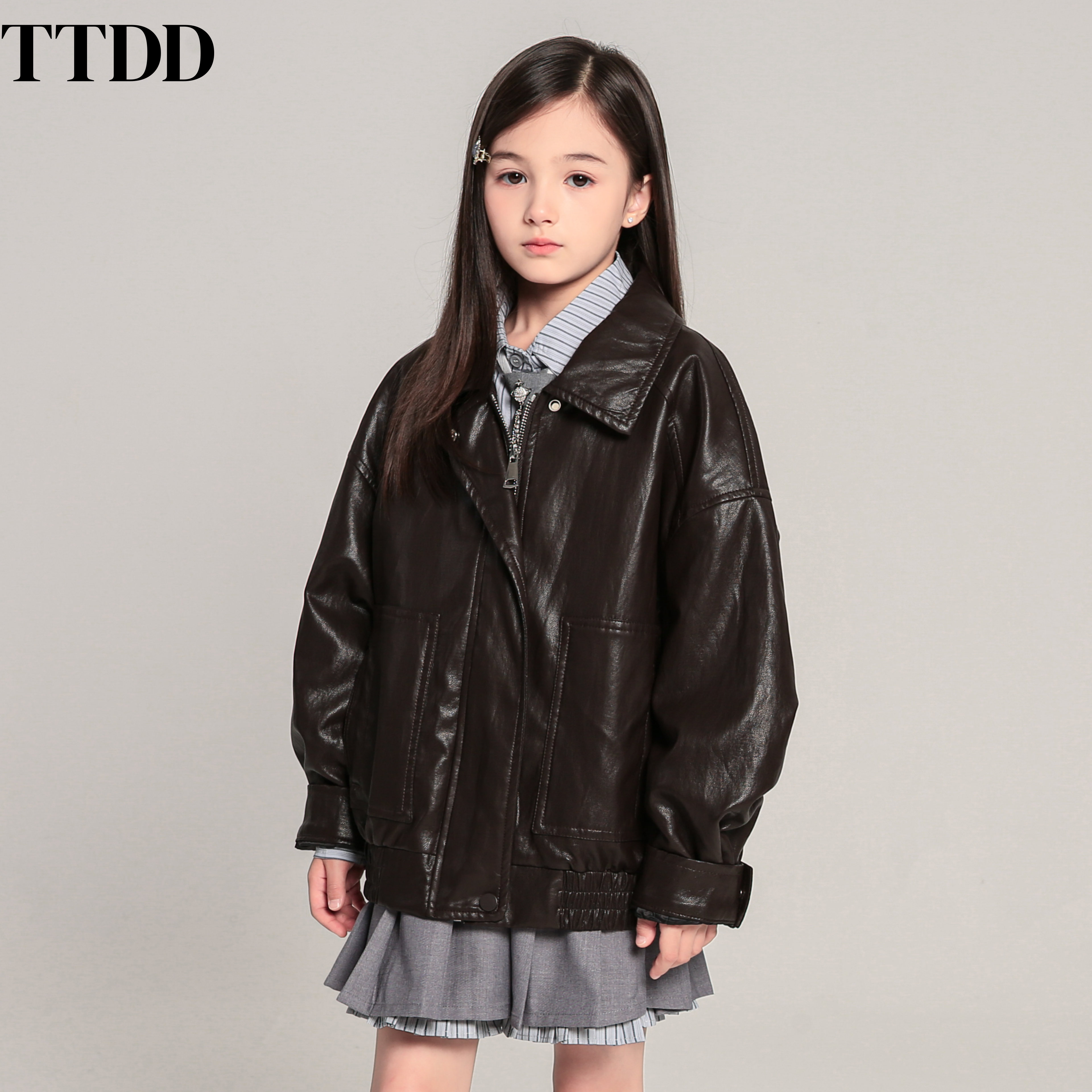 TTDD男女童工装翻领机车服PU皮衣26新款咖色中大童休闲宽松外套