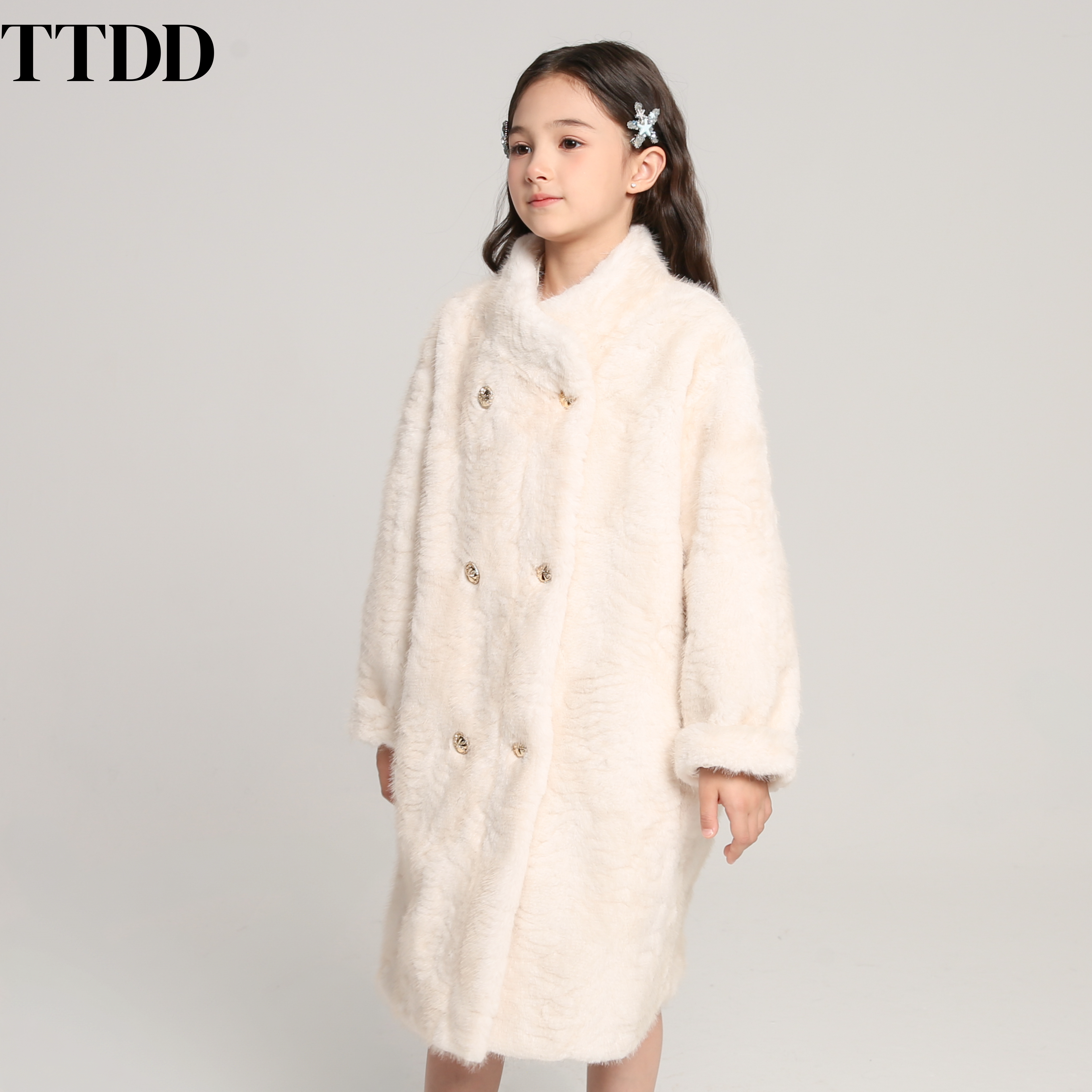 TTDD儿童皮草外套秋冬新款女孩女童双排长款精仿水貂毛环保毛加厚