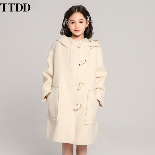 TTDD儿童26新款连帽牛角扣双面羊绒呢大衣女童秋冬中长款羊毛外套