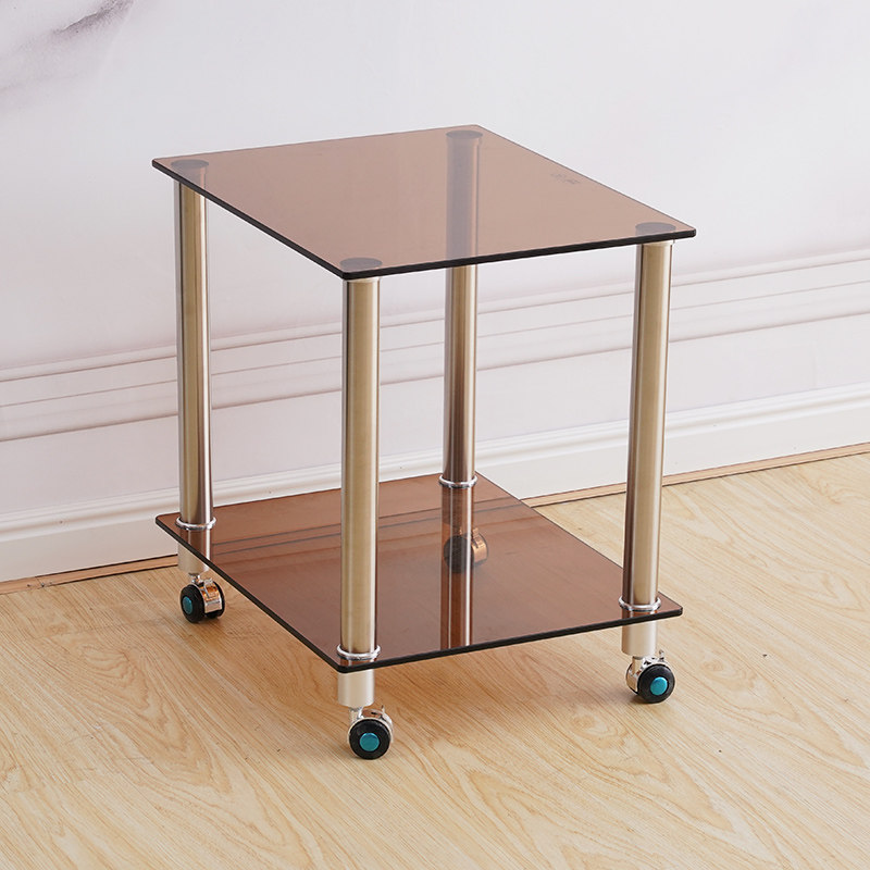 创意转角小茶几简约迷你侧边柜小桌子可移动带轮沙发边几钢化玻璃