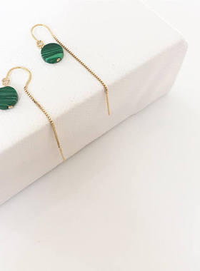 Faveur 美产14K包金 赞比亚孔雀石耳线 绿幽灵 法式时尚 气质长款