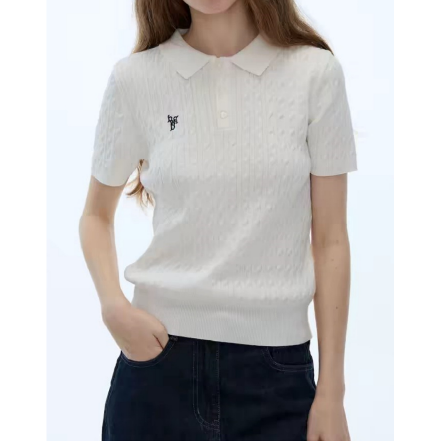LINHOUSE林子家polo衫麻花短袖薄休闲翻领白色针织衫t恤上衣女