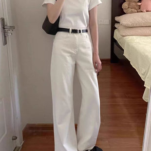 DouDou痘 白色高腰牛仔裤女窄版阔腿小个子显高宽松直筒休闲长裤