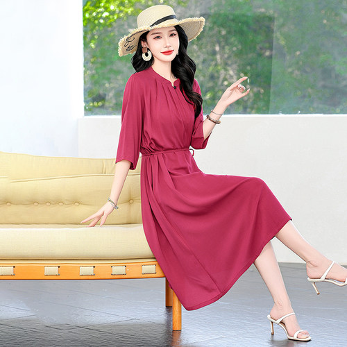 夏季棉绸中袖高端妈妈家居服睡裙