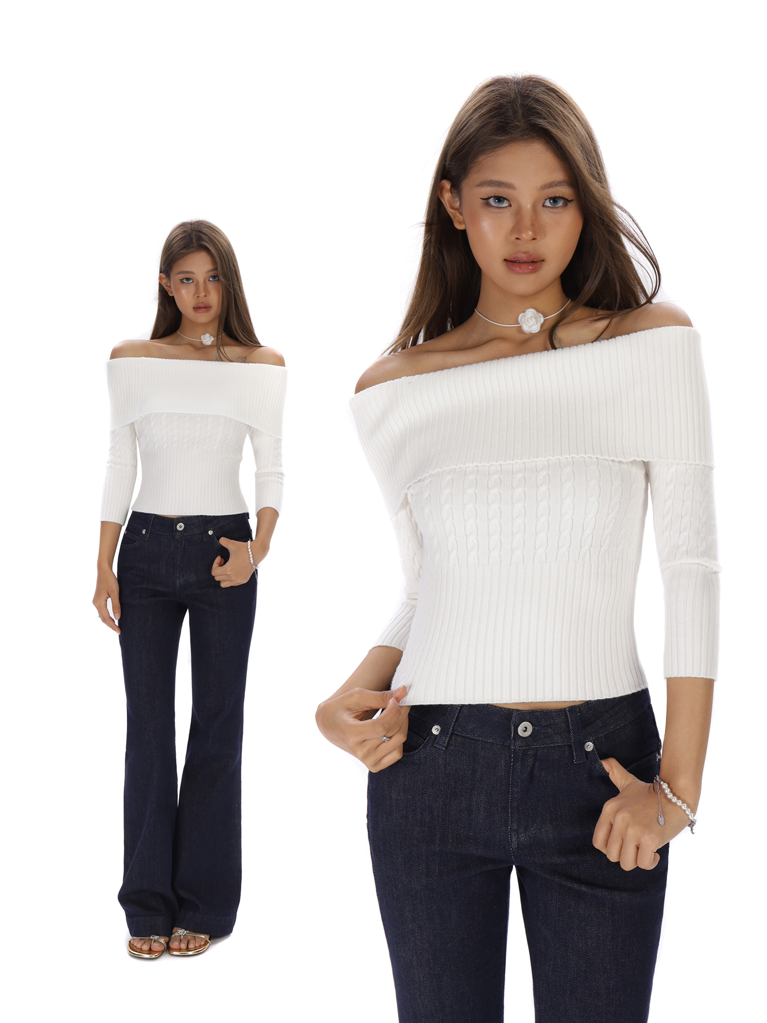 Off-Shoulder Cable Knit Sweater for Women 2025 New Style, Sexy Off-Shoulder, Collarbone-Revealing, Slim-Fit Pullover Casual Top