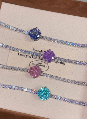 热卖八角千禧玫瑰切帕拉伊巴手链微镶嵌高碳钻玫瑰花坦桑蓝手饰女