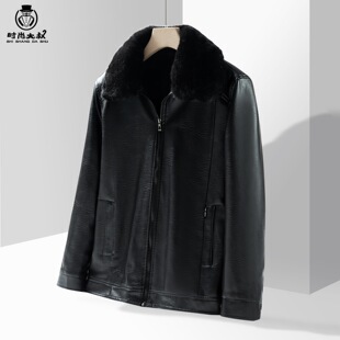 夹克 加绒加厚高档中老年男士 加绒加厚爸爸款 大毛领皮衣外套冬季