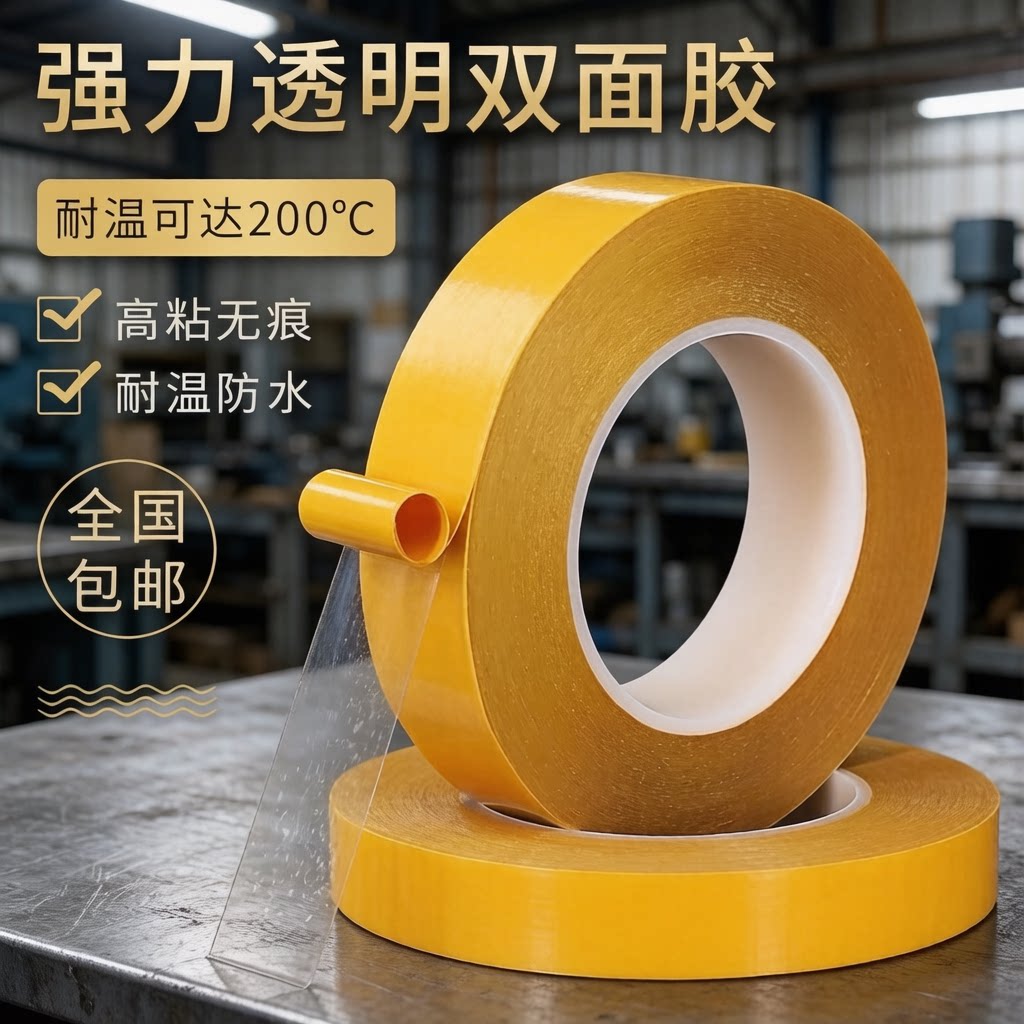 进口黄膜7982透明无痕双面胶 强力高粘度超薄耐高温双面胶带 黄色