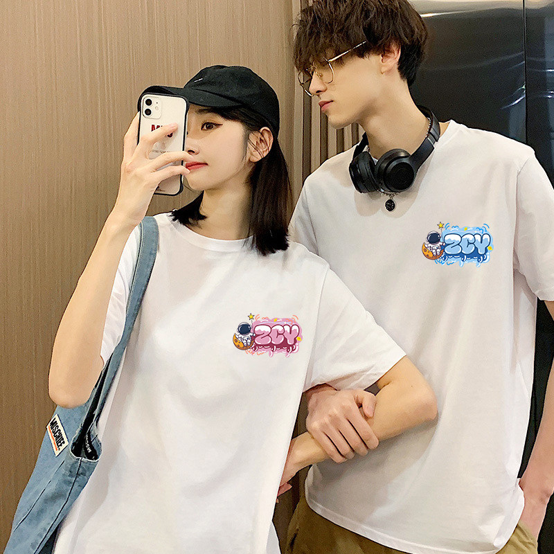 2025夏装新款纯棉短袖定制姓名字母涂鸦手绘情侣装T恤男女班服潮