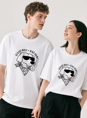 学生白色简约线条小狗网红情侣装T恤25新款夏装短袖小众纯棉衣服