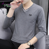 t恤男潮春季 精品刺绣纯棉长袖 V领简约打底衫 厂家批一件代发