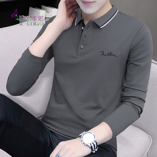 高档刺绣长袖男polo衫纯色简约翻领纯棉t恤男装秋冬季潮牌保罗衫