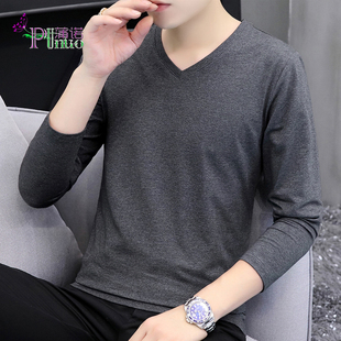 春秋季 t恤男装 纯色简约纯棉长袖 V领潮流打底衫 厂家批一件代发