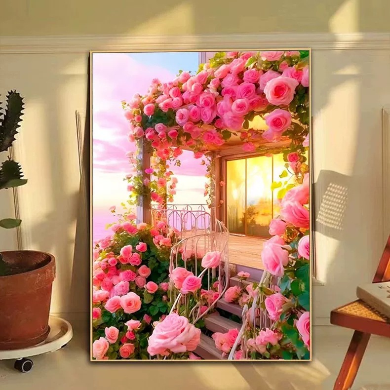 钻石绣2024年新款满钻石绣玫瑰花小屋贴钻十字绣客厅砖石画点钻画